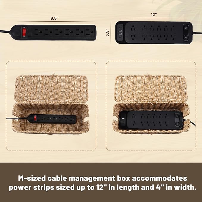 BROWNLILY Cable Management Box, Rattan Style Cord Organizer for Desk Cord Hider Outlet Covers Baby Proofing for Power Strip TV PC Router Charger Under Desk Storage - Natural Small