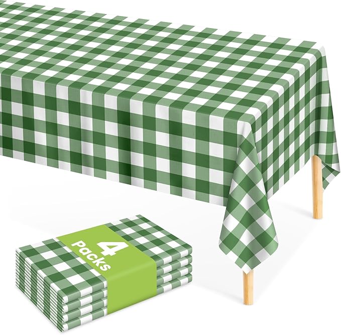 Mulbozy Sage Green Gingham Tablecloth 4 Pack, 54 x 108 Inch Plastic Table Cloth Disposable, Sage Green and White Checkered Table Cover for Party Supplies