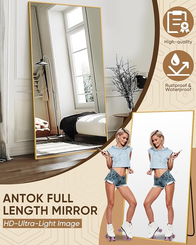 Antok Full Length Mirror, 81"x41" Floor Mirror, Floor Standing Freestanding Full Body Mirror with Stand for Bedroom, Hanging Mounted for Living Room Cloakroom, Gold