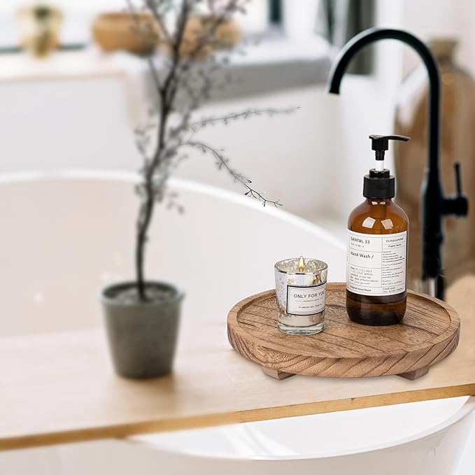 Round Decorative Tray Wood Bathroom Counter Organizer Farmhouse Kitchen Decor Wooden Riser for Soap Dish, Perfume, Candle, Sponge, 9" - Brown