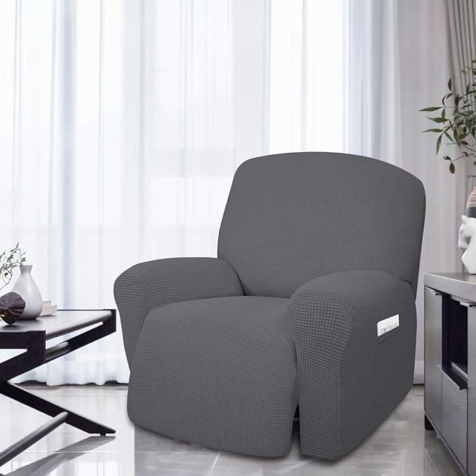 Easy-Going 4 Pieces Oversized Recliner Stretch Sofa Slipcover Sofa Cover Furniture Protector Couch Soft with Elastic Bottom Polyester Spandex Jacquard Fabric Small Checks Gray X-Large