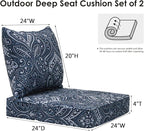Outdoor Patio Chair Cushions Set, 24" x 24", Set of 2, Water-Repellent, Fade Resistant, Deep Seat Bottom and Back Cushion for Backyard, Couch, Sofa and Patio Furniture, Damask Blue Flower