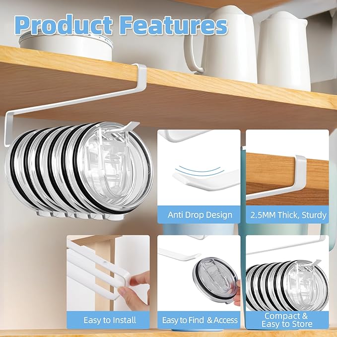 Tumbler Lid Organizer, 2 Pack for Yeti Lid Organizer, Space Saving Water Bottle Lid Holders, Tumbler Lid Holder Up to 12 Lids,No Drilling,Cup Lid Organizers for Kitchen Under Cabinet Storage (White)