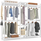 Homykic Bamboo Closet System Clothes Rack, Large Freestanding Garment Rack Clothing Rack for Hanging Clothes with 7 Storage Shelves and 5 Rods, Open Wardrobe Organizer with 4 Hooks, White