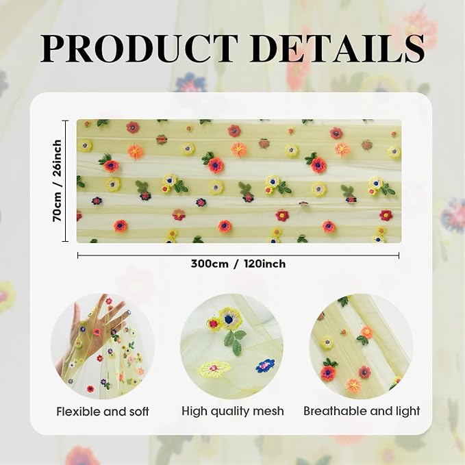 Artoid Mode Green Embroidery Daisy Gauze Table Runner 120 Inch 10FT, Seasonal Sheer Kitchen Dining Holiday Wedding Birthday Table Decor for Home Party