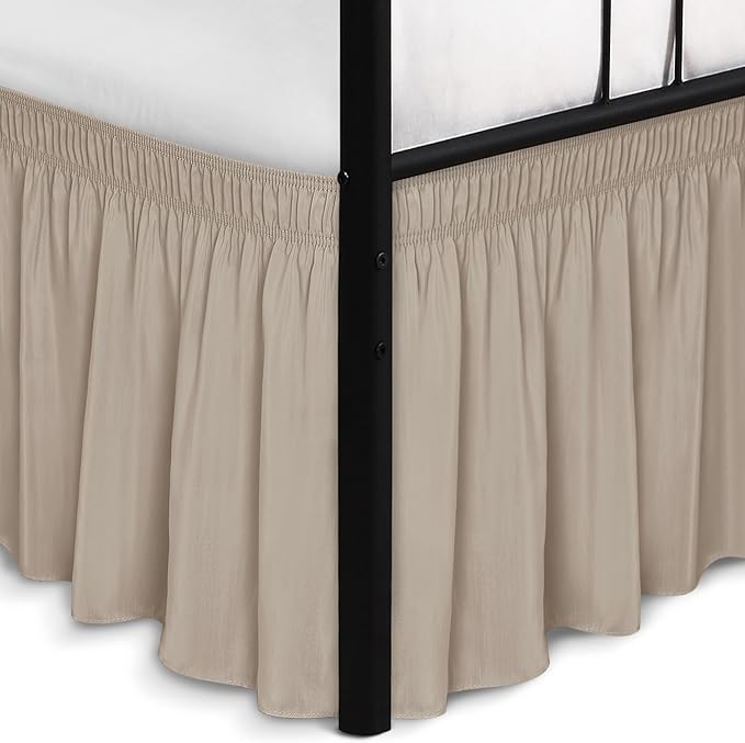 Biscaynebay Wrap Around Bed Skirts with Split Corners for Queen Beds 18" Drop, Light Camel Adjustable Elastic Dust Ruffles Easy Fit Wrinkle Resistant Silky Luxurious Fabric Machine Washable