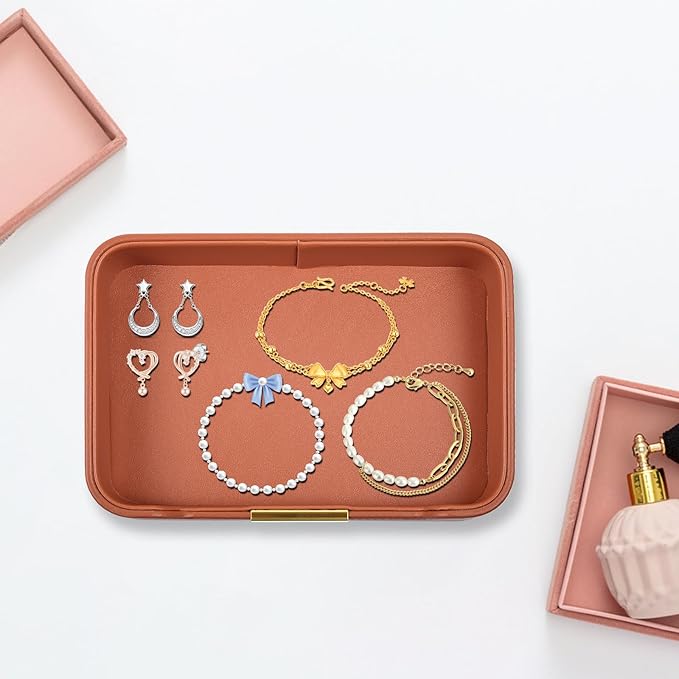 Luxury Leather Valet Tray Desktop Storage Organizer,Bedside Vanity Catchall Tray Nightstand Caddy Holder for Cosmetic,Jewelry,Watch,Keys,Phone,Wallet,Remote Controller,Pen,Orange