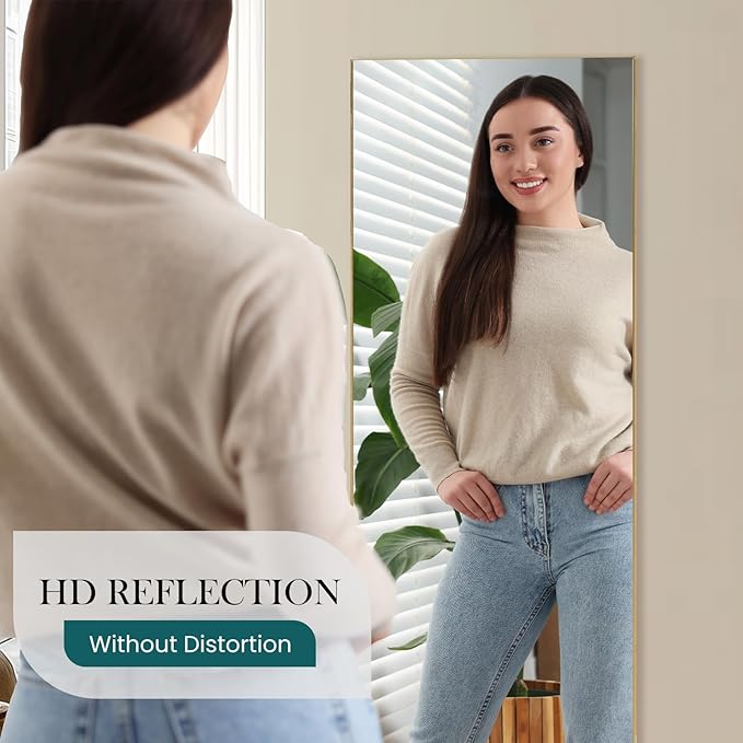 NEWBULIG 64"x21" Full Length Mirror, Full Body Floor Mirror with Aluminum Alloy Thin Frame, Wall or Standing Mirror for Bedroom, Living Room, Dressing Room, Gold-Rect