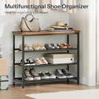HOOBRO Shoe Rack with 3 PU Shelves, 4-Tier Shoe Storage Organizer for Closet and Entryway, Holds 9-12 Pairs of Shoes, Sturdy Metal Frame, Small Spaces, Rustic Brown and Black BF94XJ01