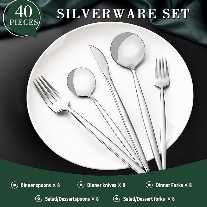 40-Piece Silverware Set for 8, CEKEE Stainless Steel Flatware Cutlery Set Included Knife Spoon and Fork, Kitchen Utensils Set for Home Hotel Wedding Restaurant - Mirror Polished & Dishwasher Safe