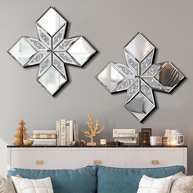 Crushed Diamond Decorative Mirror 2 Pack 16.75x16.75” Diamond Shape Glass Decor Wall Mirror for Home Decor, Accent Mirror