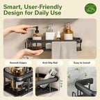 EVALAND Shower Caddy Adhesive 2-Pack with Hooks and Rod for Towels, Black – Premium Bathroom Shower Shelves, Shampoo Organizer, Bathtub Shelf, Rustproof, Easy Installation, Sturdy Modern Look