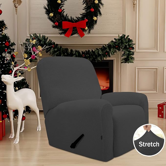 Easy-Going Recliner Stretch Sofa Slipcover Sofa Cover 4-Pieces Furniture Protector Couch Soft with Elastic Bottom, Spandex Jacquard Fabric Small Checks(Recliner,Dark Gray)