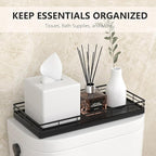 Toilet Paper Basket Organizer – Oak Wood Toilet Tank Tray with Metal Frame, Bathroom Counter Top Storage for Toilet Paper, Wipes & Decor, Modern Narrow Back of Tank Shelf Organizer, Black
