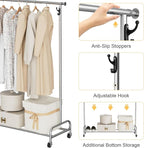 Clothing Rack Chrome, 47.05" to 65.94" Adjustable Rolling Clothing Rack, Standard Drying Garment Rack for Hanging Clothes, Metal Clothes Organizer with Wheels for Bedroom, Laundry Room, Silver