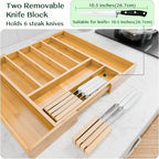 Dunruz Bamboo Expandable Drawer Organizer for Kitchen Utensils, Adjustable Silverware Tray with 9 Deep Slots for Large Spoons & Knives, Natural Wood Flatware Caddy for Cutlery Storage (Fits 13"-20")