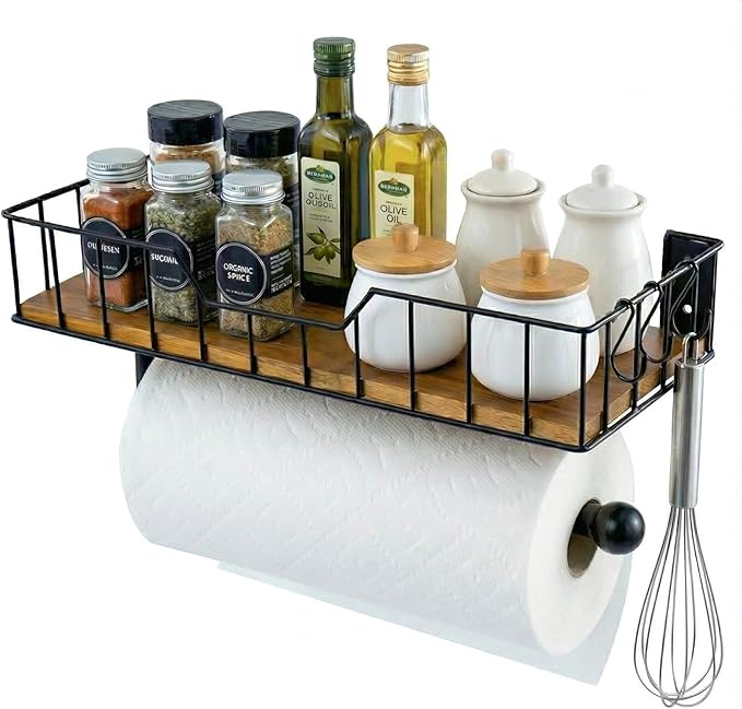 MyGift Wall-Mounted Matte Black Metal Paper Towel Holder with Premium Acacia Wood Shelf and 3 Hanging Hooks