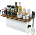 MyGift Wall-Mounted Matte Black Metal Paper Towel Holder with Premium Acacia Wood Shelf and 3 Hanging Hooks