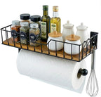 MyGift Wall-Mounted Matte Black Metal Paper Towel Holder with Premium Acacia Wood Shelf and 3 Hanging Hooks