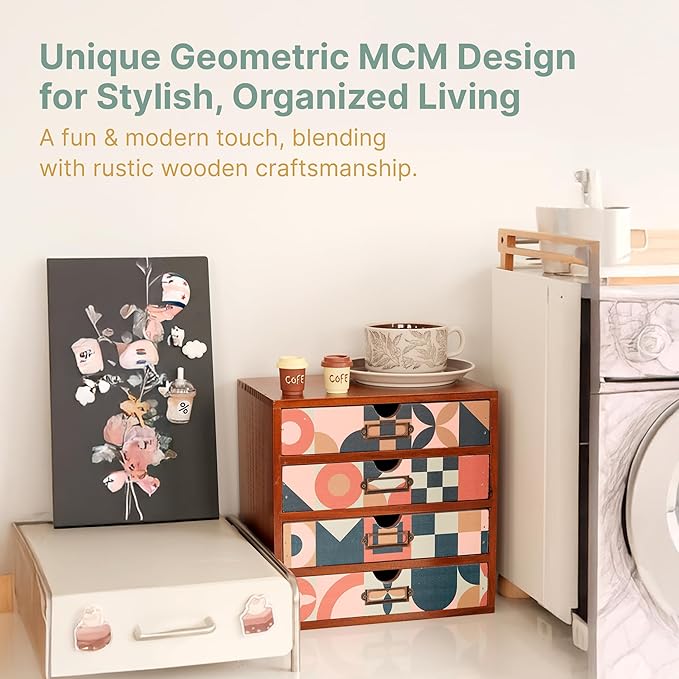 Mid-Century Modern Geometric Pattern Desk Organizer - Earth Tone Desktop Storage with 4-Drawer - Retro Modern Wood Cabinet for Office Supplies, Craft Tools, & Home Organization - MCM Drawer Unit