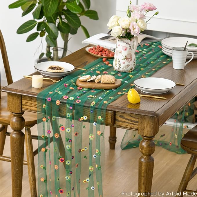 Artoid Mode Dark Green Embroidery Daisy Gauze Table Runner 120 Inch 10FT, Seasonal Sheer Kitchen Dining Holiday Wedding Birthday Table Decor for Home Party
