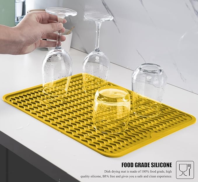 Silicone Dish Drying Mat for Multiple Usage, Easy clean, Eco-friendly, Heat-resistant Dish Drainer Mat for Kitchen Counter,Sink,Refrigerator or Drawer liner (18" x 16", Yellow)