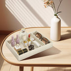 Bedside Organizer - Multi-use Nightstand & Desk-top Catchall Tray for Jewelry, Sunglasses, Phone, Watch, Perfume, Lipstick (Beige 3Grid)