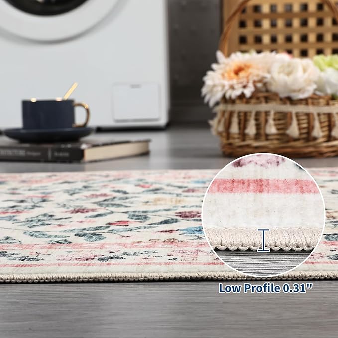 GarveeHome Large Washable Area Rug 10 x 13 for Living Room, Non-Slip Soft Vintage Rug, Low Pile Farmhouse Floral Carpet, Non-Shedding Foldable Printed Rugs for Bedroom, Pink