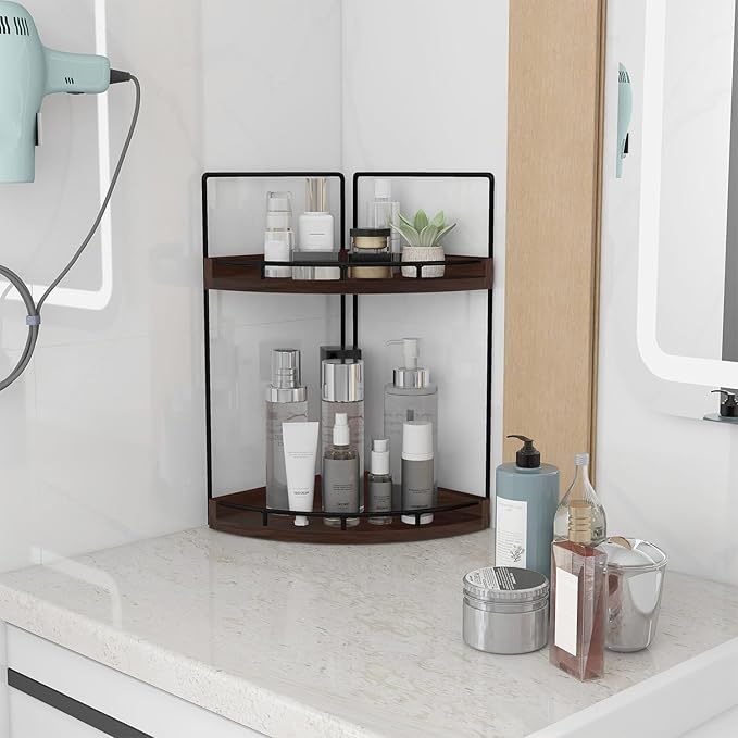 Dorhors 2-Tier Bathroom Counter Organizer,Vanity Counter Corner Shelf, Skincare, Wood Countertop Bathroom Storage and Organization for Kitchen (Walnut)