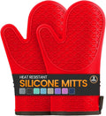 Silicone Oven Mitts, Heat Resistant 2PCS Oven Mitts with Soft Cotton Lining, Waterproof Non-Slip Grip Oven Glove, Kitchen Potholder Mits for BBQ, Baking, Cooking, 12.5 Inch - Red