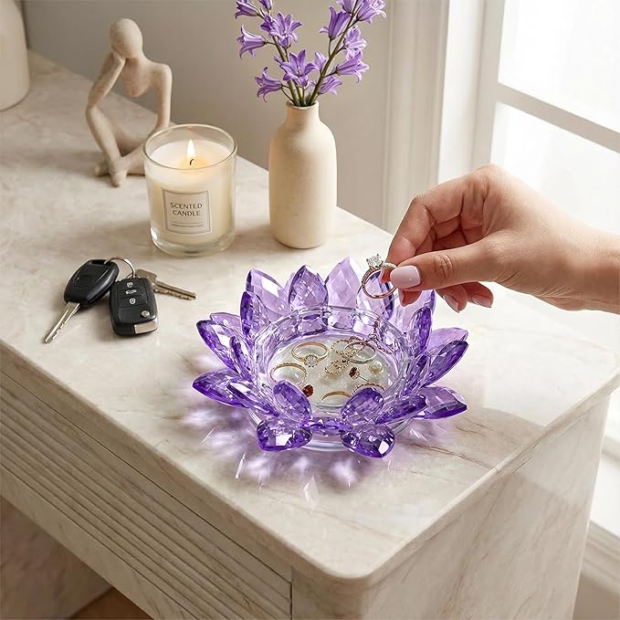 Crystal Flower Jewelry Tray, Transparent Decorative Trinket Dish for Rings, Earrings, Necklaces, Keys for Vanity Dresser Nightstand, Elegant Gift for Women Mother's Day (2, 6.3"(W)- Purple)