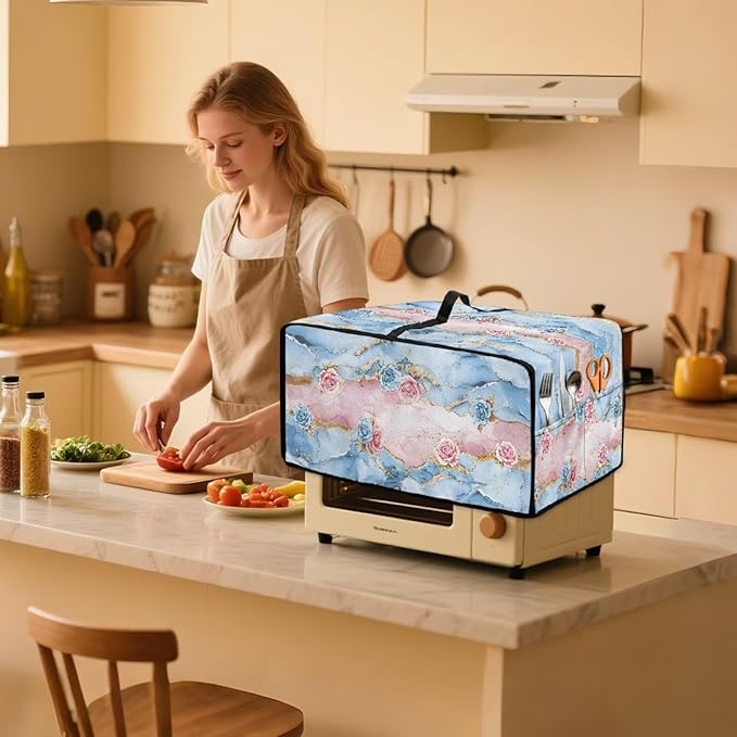 Rose Marble Texture Print Microwave Oven Grill Cover Protector Polyester-Linen Fabric Microwave Oven Dust Cover with Storage Bags Case Protections for Toaster Oven, S