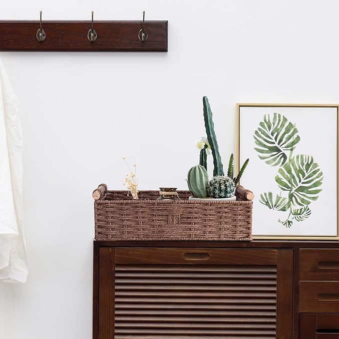 Round Paper Rope Storage Basket Wicker for Organizing with Handle, Decorative Bins Countertop Toilet Paper for Tank Top Small Set, Brown