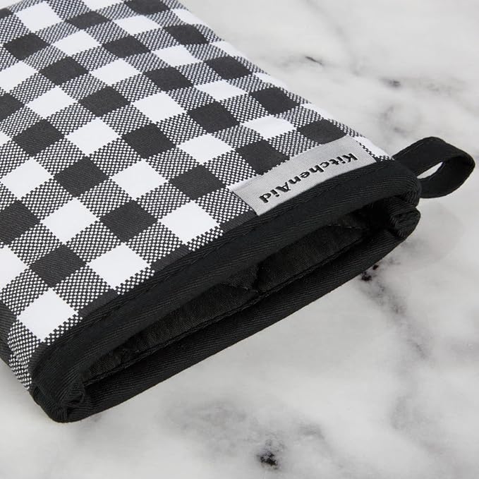 KITCHENAID Gingham Oven Mitt 2-Pack Set, Matte Black, 7"x13"