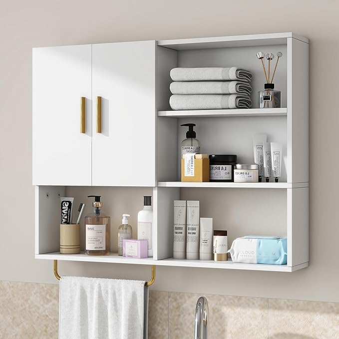 Bathroom Wall Cabinet Wood Large Wall Mounted Medicine Cabinet with 2 Doors and 4 Open Shelves Over Toilet Storage Cabinet Organizer with Towel Bar,White