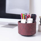 Round Leather Art Supply Organizer,Remote Control Holder,360 Degree Spinning,Multi-Functional Pencil Holder,4 Compartments Desktop Stationary Organizer(1-Carved Dark Brown)