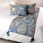 The HomeCentric Blue Bed Runner, King Size 90"x18" Decorative Bed Runner with Matching Pillow Cover, Blue Linen Bed Scarf in Quilted Peacock, Linen & Jute Embroidery - Peacock Willow