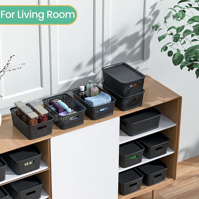 Plastic Storage Baskets with Lid-Plastic Storage Containers Stackable Storage bins: Storage Baskets for Organizing Shelves Drawers Desktop Closet Playroom Classroom Office, 8Pack-Black10.2x7.2x4.1Inch