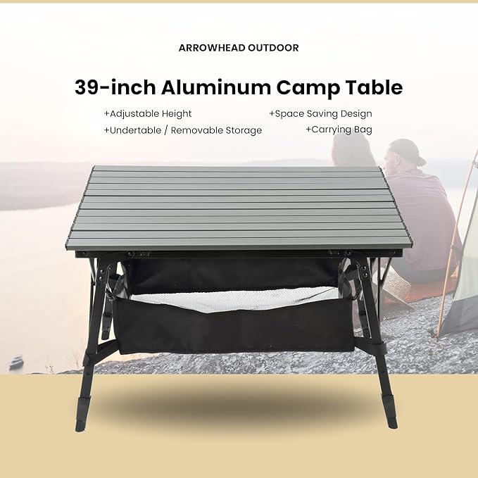 ARROWHEAD OUTDOOR 2-Pack 39" Aluminum Folding Camp Roll Up Table w/Adjustable Height, Undertable Mesh Storage, Carry Bag