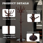 Coat Racks FreeStanding with 11 Hooks, Natural Wood Coat Rack with Solid Round Base, Adjustable Height Coat Racks, Easy Assembly for Hallway, Bedroom and Office (Walnut-Solid Round Base)