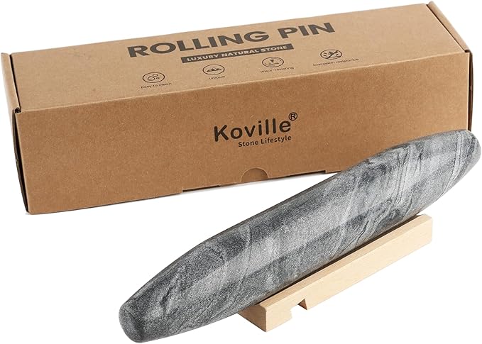 Koville African Natural Grey Marble French Rolling Pin, 12inch Non-Stick Rolling Pin for Baking, Dough Roller for Pasta, Dumpling, Fondant, Pie, Bread, Pizza, Kitchen Baking Tools