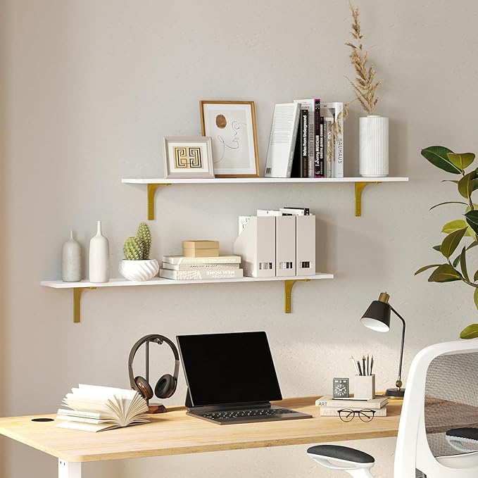 DINZI LVJ Long Wall Shelves, 31.5" Wall Mounted Shelves Set of 4, Large Floating Shelves with Metal Brackets, for Living Room, Bathroom, Bedroom, Kitchen, White and Gold