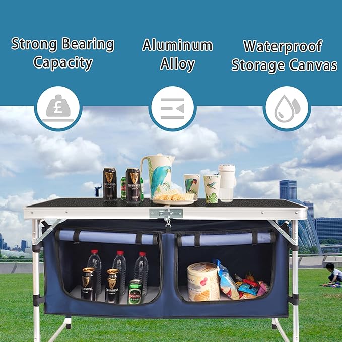 CampLand Outdoor Folding Table Aluminum Lightweight Height Adjustable with Storage Organizer for BBQ, Party, Camping