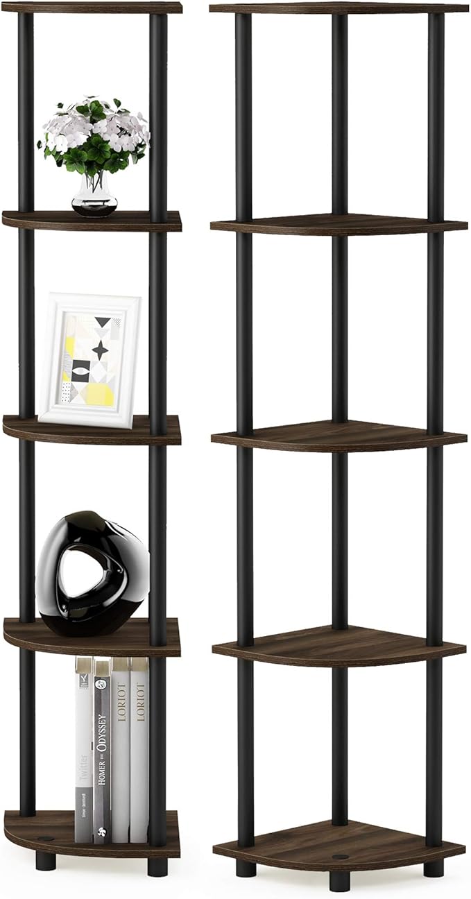 Furinno TURN-N-TUBE Corner Shelf Set of 2, 5-Tier Corner Bookshelf, Open Storage Shelves, for Organization and Storage, Living Room, Home Office, Garage, Columbia Walnut