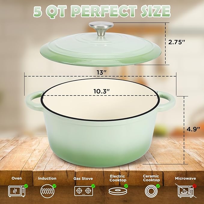 Enameled Cast Iron Dutch Oven Pot with Lid, Incl. Sourdough Bread Baking Supplies Like Banneton Bread Proofing Basket, Starter Jar, Scoring Tool Lame, 5QT Dutch Oven for Bread Baking, Oven Safe up to 500°F