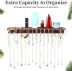 YYILIS Necklace Holder, Upgraded Extra Large Wall Necklace Organizer with 30 Hooks Wall Mounted Necklace Hanger with Jewelry Tray/Cosmetics Shelf Rustic Pine Wood Holder (Walnut)