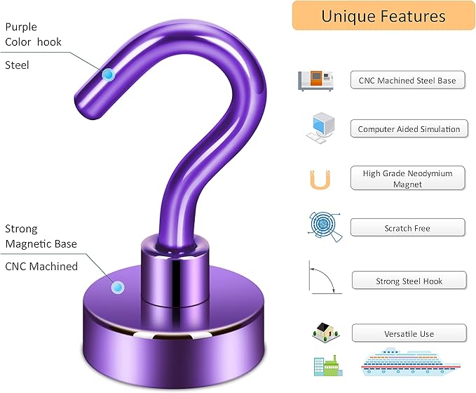 Neosmuk Magnetic Hooks, Heavy Duty 30lb+ Strong Magnet Hook for Cruise Cabins, Cruise Essentials 2026 for Hanging, Metal Wall Refrigerator Hangers (Purple, 10 Pack)