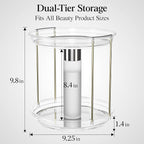 Delamu Rotating Makeup Organizer for Vanity, 2 Tier Bathroom Counter Organizer with Stackable Design, Spinning Skincare Organizer for Bathroom Countertop, Perfume Cosmetic Storage, Clear