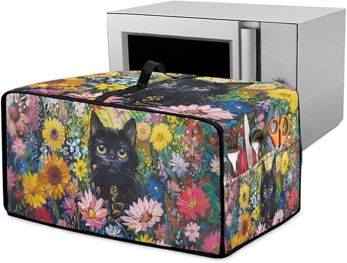Microwave Oven Dust Cover Heavy Duty Microwave Oven Cover Waterproof Dust-Proof Kitchen Machine Covers Case Protections for Toaster Oven, Oil Painting Cat Sunflower Daisy Print, M