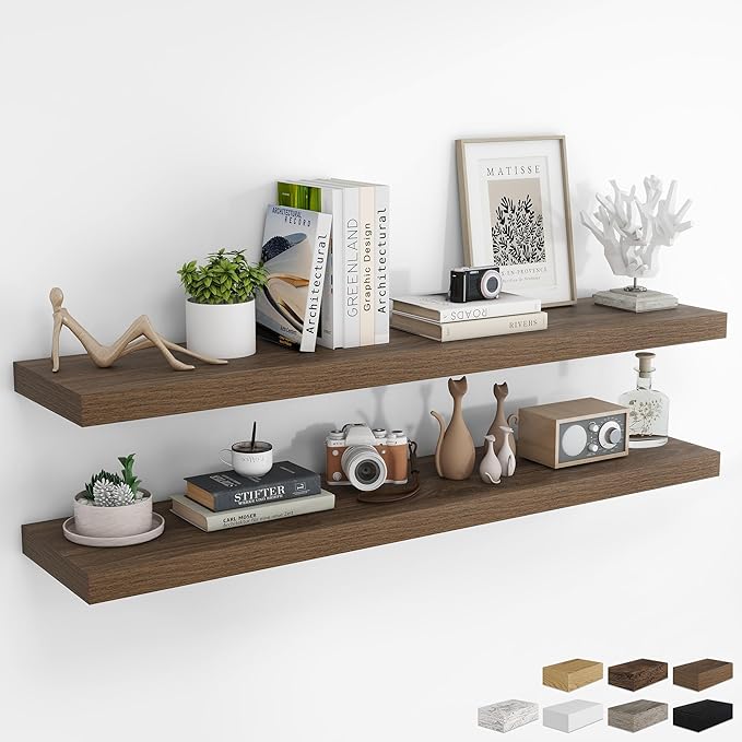 RICHFOCUS 55Inch Floating Shelves for Wall 2 Pack Shelves for Bedroom|Kitchen|Bathroom Wall Mounted Rustic Wood Floating Shelf with Invisible Brackets for Books|Storage|Decor, Walnut